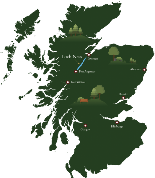 Loch Ness en el mapa de Escocia, ubicado al suroeste de Inverness